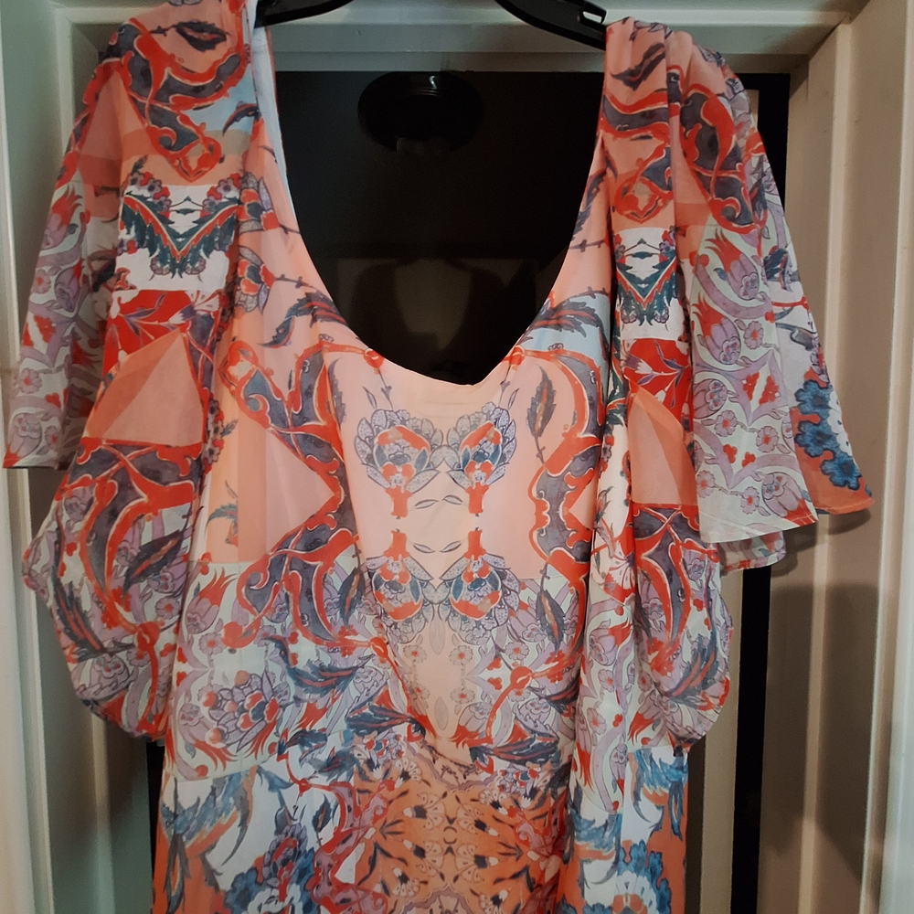 City Chic Pink and Blue Ruffled Flutter Sleeve Blouse